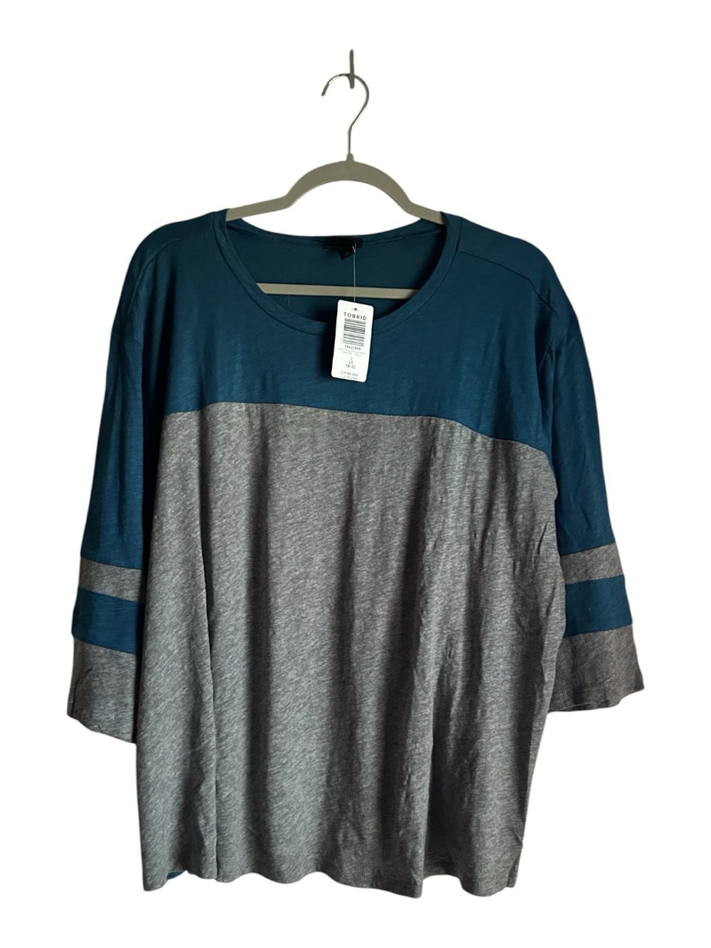 Torrid Size 2X 18-20 Teal and Heather Gray Colorblock Scoop Neck Long Sleeve Top